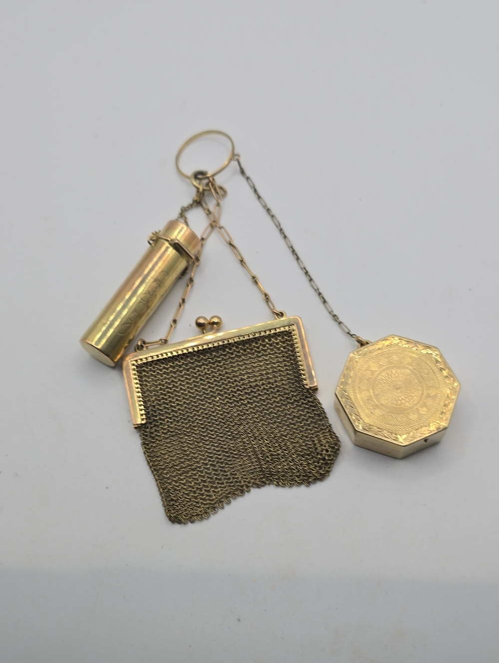 Vintage Chatelaine Gold-Tone Chainmail Mini Purse, Lipstick and Compact